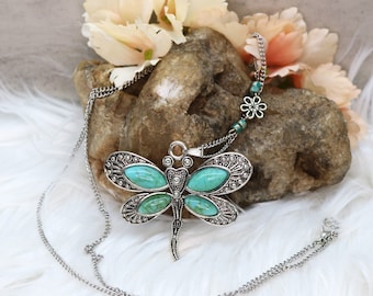 Custom for A Fields Turquoise and Silver Dragonfly Daisy Pendant 18 Inch