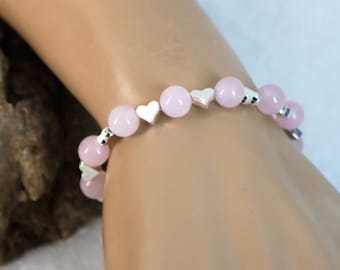 Rose Quartz Silver Heart Stretch Bracelet Healing Stone Bracelet