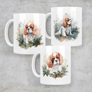 May include: Three white ceramic mugs with watercolor illustrations of Cavalier King Charles Spaniels. Each mug features a different pose of the dog, surrounded by green foliage and a watercolor background.