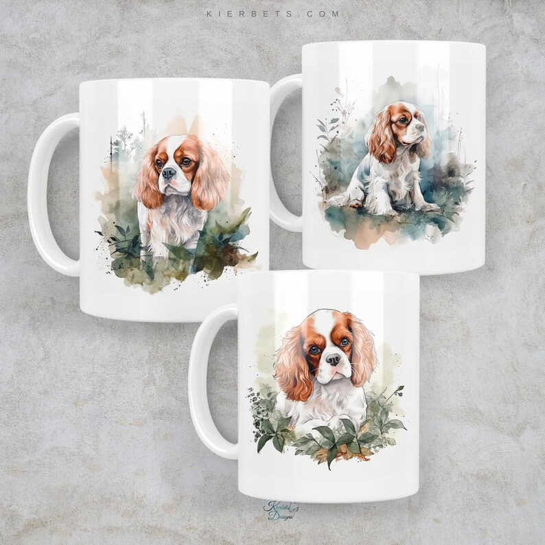 May include: Three white ceramic mugs with watercolor illustrations of Cavalier King Charles Spaniels. Each mug features a different pose of the dog, surrounded by green foliage and a watercolor background.