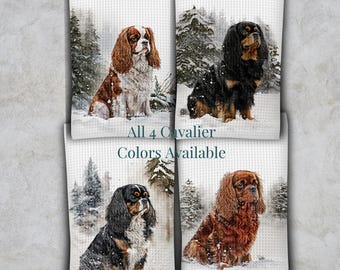 Cavalier King Charles Spaniel Winter Kitchen Towel and Dish Cloth Set, Holiday Tri, Blenheim, Ruby or Black and Tan, Dog Mom CKCS lover Gift