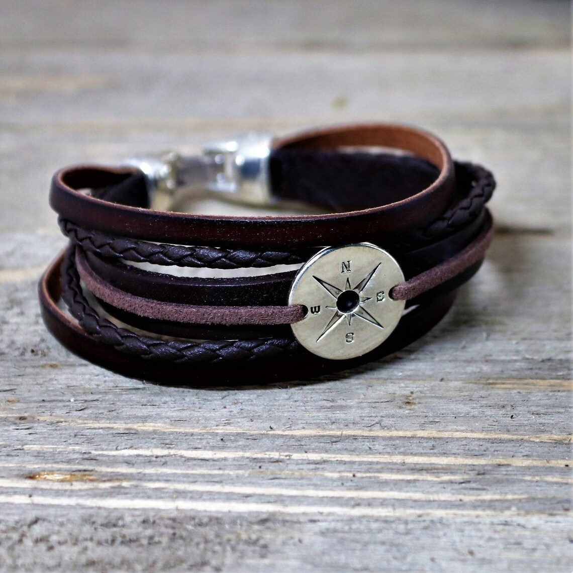 Layered Leather Silver Compass Bracelet With Hook Clasp Etsy