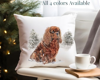Cavalier King Charles Spaniels in Winter, All 4 CKCS Blenheim, Ruby, Tri, Black and Tan available, Decorative Throw Pillow, Dog Lover Gift