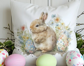 Easter Bunny Eggs Pillow Cover, Spring Watercolor Rabbit Flowers Accent Pillow, Farmhouse Cottage Style Pink Yellow Home Throw Cushion Cover