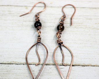 Copper Wire Wrapped Leaf Beaded Earrings, Handmade Hammered Patina Accessories, Autumn Fall Jewelry, Gift for Her