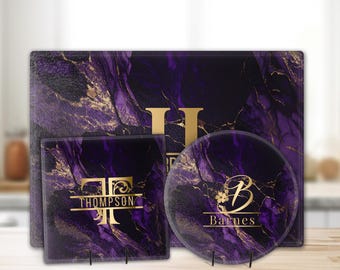 Purple Gold Marble Personalized Tempered Glass Cutting Board,  Chopping Tray, Serving Placemat, Charcuterie Board, All Occasion Gift