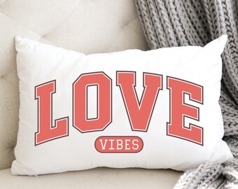 Valentines Day Love Vibes Lumbar Pillow Cover, Pink Romantic Farmhouse Cottage or Brilliant White Throw Cushion Cover Gift, Cupid February