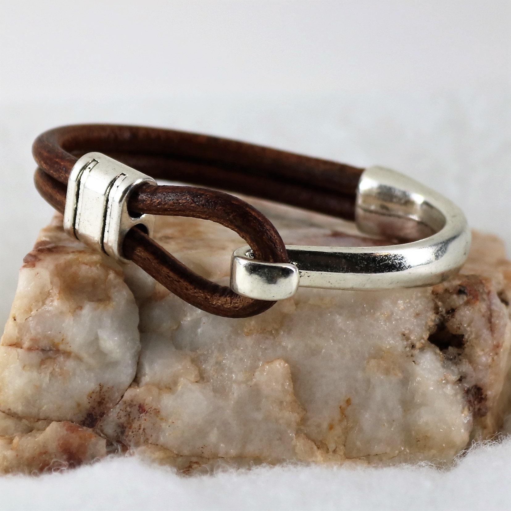 Half Cuff leather Bracelet, Silver Hook Bracelet, Leather Hook Bracelet