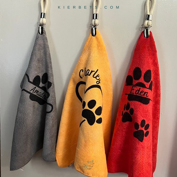 Personalized Dog Paw Towels, Handy Absorbant Hanging Micro Fiber Cloths for Wet or Muddy Paws, Machine Washable