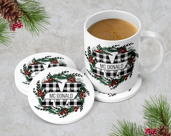 Plaid Monogram Holiday Coasters, Pine and Holly Berry Wreath
