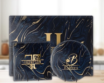 Dark Blue Gold Marble Personalized Tempered Glass Cutting Board, Navy Chopping Tray, Serving Placemat, Charcuterie Board, All Occasion Gift