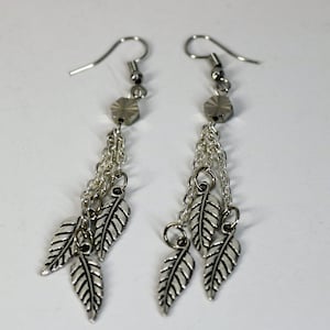 Silver Feather Dangle Earrings, Silver Leaf Earring, Silver Feather Earring, Long Feather Earrings, Long Boho Earrings, Gift for Her