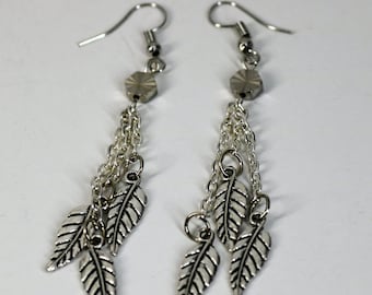 Silver Feathered Leaf Dangle Earrings