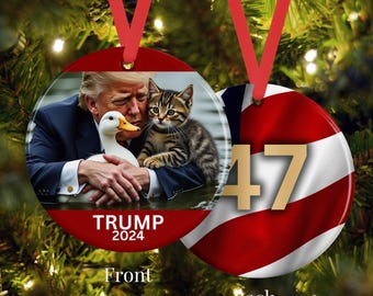 Trump an Animal Lover Commemorative 47th President Ornament,  Saving Duck and Kitten, Patriotic Historical Cultural Keepsake, Political Deco