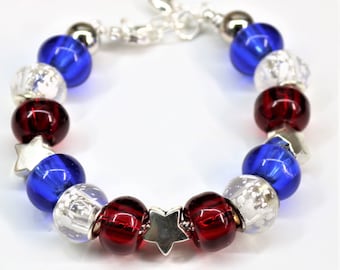 Large Bead Star Bracelet, USA Patriotic Star Jewelry, Election Day Accessories Red White and Blue July 4th , Memorial Day Gift for Her