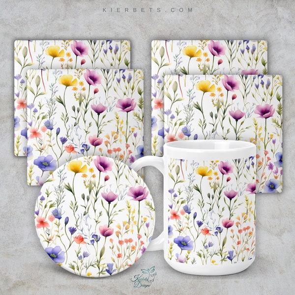 Wildflower Coasters, Round or Square Blue Green Purple and Yellow Pink Spring Flowers Ceramic or Neoprene Rubber Furniture Saver Decor Gift