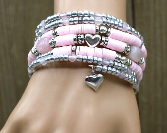 Rose Quartz Heart Stack Love Bracelet, Pink and Silver Memory Wire Seven Layered Romantic Accessory, Fashionable Fun Boho Bead Gift for Her