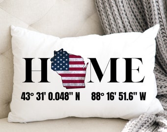 American Flag Home State GPS Coordinates Lumbar Pillow Cover, Unique Location USA Farmhouse Cottage Red White Blue Throw Cushion Cover Gift