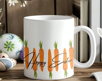 Happy Easter Carrots in Bright Orange Ceramic Mug, Coffee Cup, Spring Drinkware Home Gift