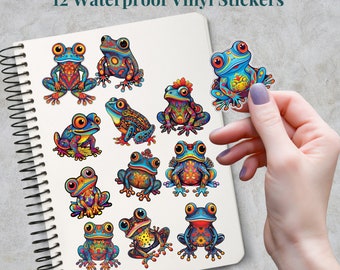 Mandela Frogs Waterproof Matte or Glossy 12 Quality Vinyl Stickers, 12 Designs Tumbler, Planner, Notebook, Bullet Journal, Laptop, Gift Deco