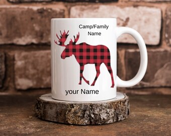 Personalized Buffalo Plaid Red Check Camp Life Mugs, 15oz Moose Bear Wolf or Buck for Tea, Coffee, Hot Chocolate Drinkware, Gift for Home
