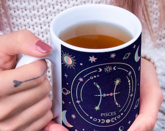 Astrology Zodiac Nutitional Fact Personality Trait Mug, Dark Blue, Gold, Celestial Constellation Birthdate Gift, Aquarius, Pisces, Capricorn