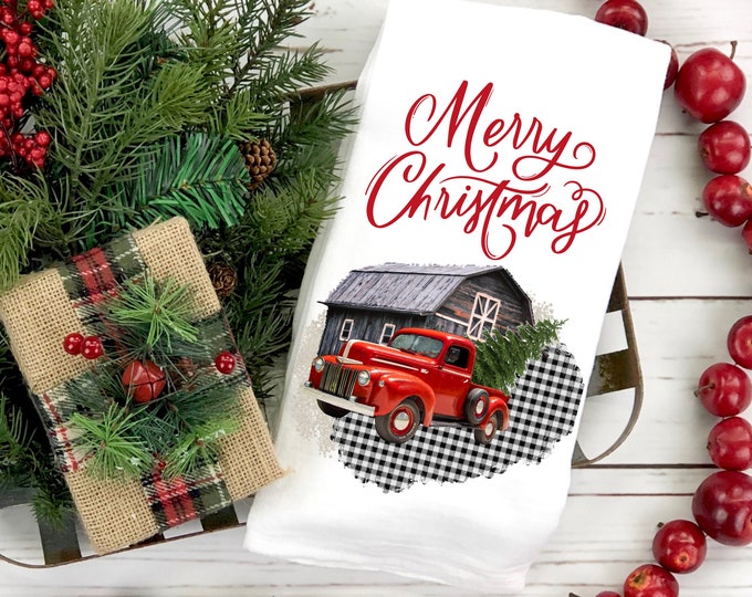 Featured listing image: Christmas Buffalo Plaid Red Truck and Barn Home Kitchen Decor Waffel Weave Towel, Microfiber Towel, Microfiber Towel/Cloth Set, Holiday Gift