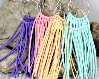 Suede Fringe Wide Hoop Earring, Leather Statement Accessories, Sexy Party Multiple Colored Jewelry, Boho Chic  Fun Earrings, gift for Her