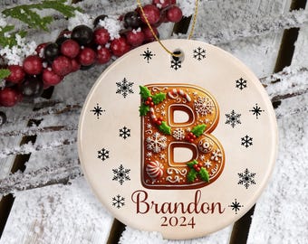 Gingerbread Monogram Personalized Ceramic Ornament, Family Name Christmas Tree Decor