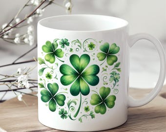 St Patricks Day Shamrock Ceramic Mug, Lucky 4 Leaf Clover Irish Coffee Cup, Spring Celtic Drinkware 11oz and 15oz Select Your Interior Color