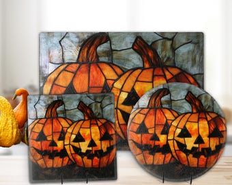 Grinning Halloween Pumpkin, Jack o lanterns  Personalized Tempered Glass Cutting Board, Kitchen Art Modern Chopping Tray, Charcuterie Board
