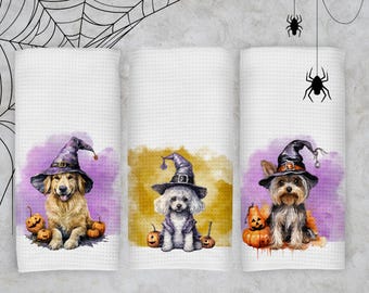 Halloween Dog Kitchen Towel and Dish Cloth Set Poodle Yorkie Golden Newfi Dachshund Beagle Boston Terrier Pomeranian Poodle Pet Lover Gift