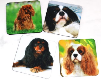 Cavalier King Charles Neoprene Round or Square Coaster Set of 4,  Blenheim Ruby Black and Tan Tri CKCS Rubber Drink, Spaniel Dog lover Gift