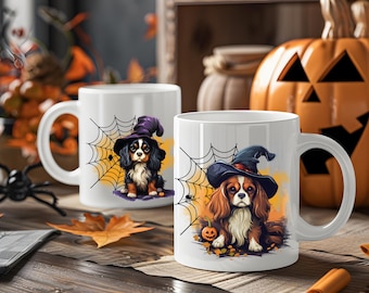 Cavalier King Charles Spaniel Halloween Mug, Witches Hat and Spider Web Themed Cup Featuring Blenheim and Tri Colored Dogs, October Gift