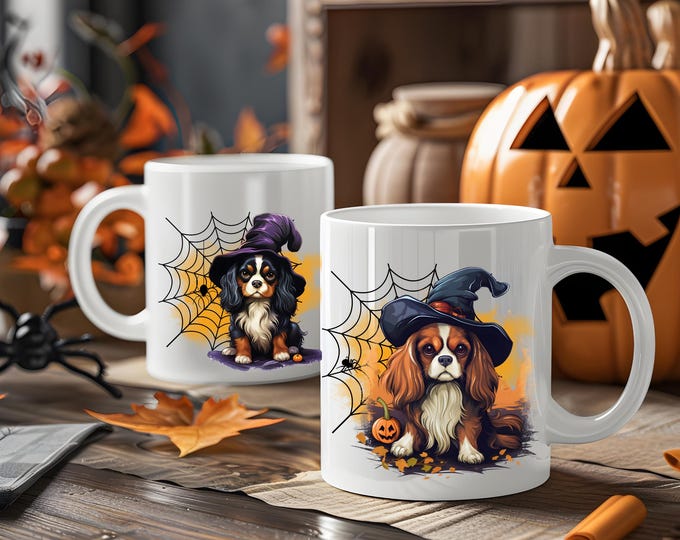 Featured listing image: Cavalier King Charles Spaniel Halloween Mug, Witches Hat and Spider Web Themed Cup Featuring Blenheim and Tri Colored Dogs, October Gift