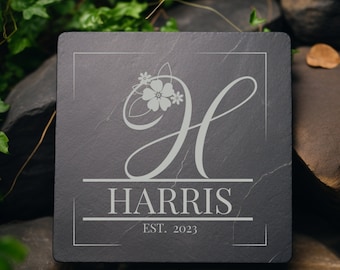 Slate Coaster Engraved Floral Monogram Wedding, Housewarming, New Place, Home Decor Gift