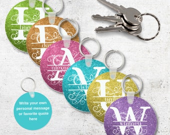 Personalized Fancy Monogram on Pastel Glitter Keychain, Your Custom Message, double Sided Keyring, Friend, girlfriend, Mom, Wife Gift