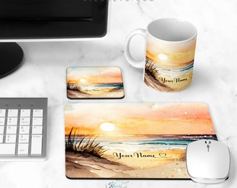 Beach Sunset Desk Set, Colorful Mousepad  and Coaster Work Station Accessory, Office Computer Table Decor, Stain Resistant Neoprene Rubber