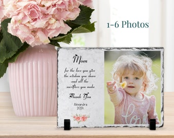 Personalized Mothers Day Rectangle Slate Stone Custom Photo Frame Gift for Mom Grandma, Treasured Keepsake, Multiple Photos in Natural Rock