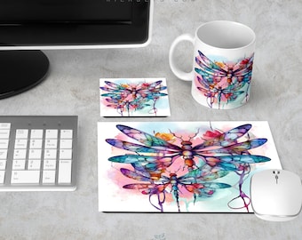 Colorful Dragonfly Desk Set, Alcohol Ink Look Mousepad Coaster Work Station Accessory, Office Computer Table Decor, Stain Resistant Neoprene