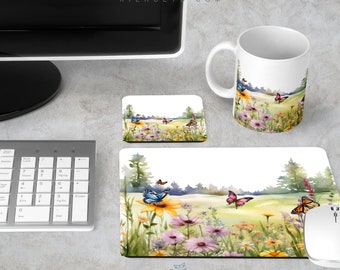 Spring Meadow Desk Set, Butterfly Mousepad  and Coaster Work Station Accessory, Office Computer Table Decor, Stain Resistant Neoprene Rubber