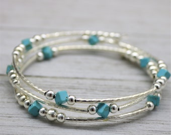 Silver Turquoise Stack Style Bracelet, Memory Wire 3 Wrap Western Bohemian Accessory Jewelry Gift for Her, Fresh Fashion Boho Style