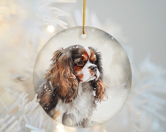 Cavalier King Charles Spaniel Christmas Tree Ornament, Snowy CKCS Decor