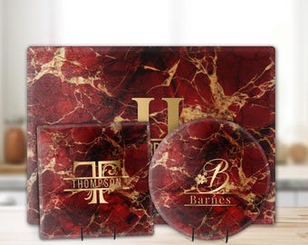 Red Gold Marble Personalized Tempered Glass Cutting Board,  Chopping Tray, Serving Placemat, Charcuterie Board, All Occasion Gift