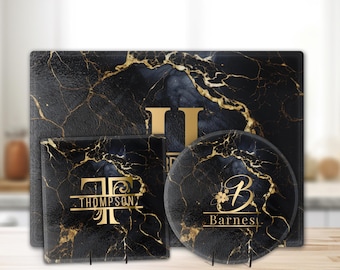 Black Gold Marble Personalized Tempered Glass Cutting Board, Modern Chopping Tray, Serving Placemat, Charcuterie Board, All Occasion Gift