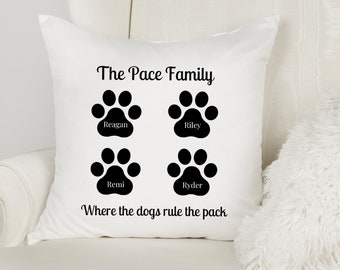 Paw Print the Dogs Rule the Pack Personalized Pillow Covers, Natural or White Custom Family Cushion, Personal Home Deco Gift