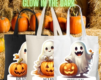 Halloween Glow in the Dark Trick or Treat Tote, Personalized Ghost and Pumpkin Eco Friendly Reusable Canvas Halloween Candy Bag