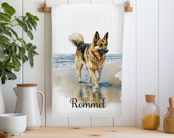 German Shepherd Running on a Beach Kitchen Towel, Dish Cloth Set, Pet Lover Decor, K9 Gift for Dog Mom Birthday, Christmas, Special Occasion