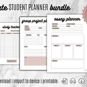 May include: A printable student planner bundle with a weekly timetable, study tracker, group project planner, and essay planner. The planner pages are white with black text and brown accents. The text "ultimate STUDENT PLANNER bundle" is at the top of the image. The text "BONUS FREE GIFT!" is in a red circle at the top right of the image. The text "instant download I import to device I printable" is at the bottom of the image.