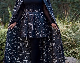 2 piece skirt and jacket set in African bogolan wax.